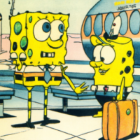 SpongeBob SquarePants talking to a mouse in an airport, 1960s Cartoon