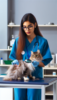 تكون في عيادة بيطرية والدكتور يفحص   تساقط الشعر عند القطط